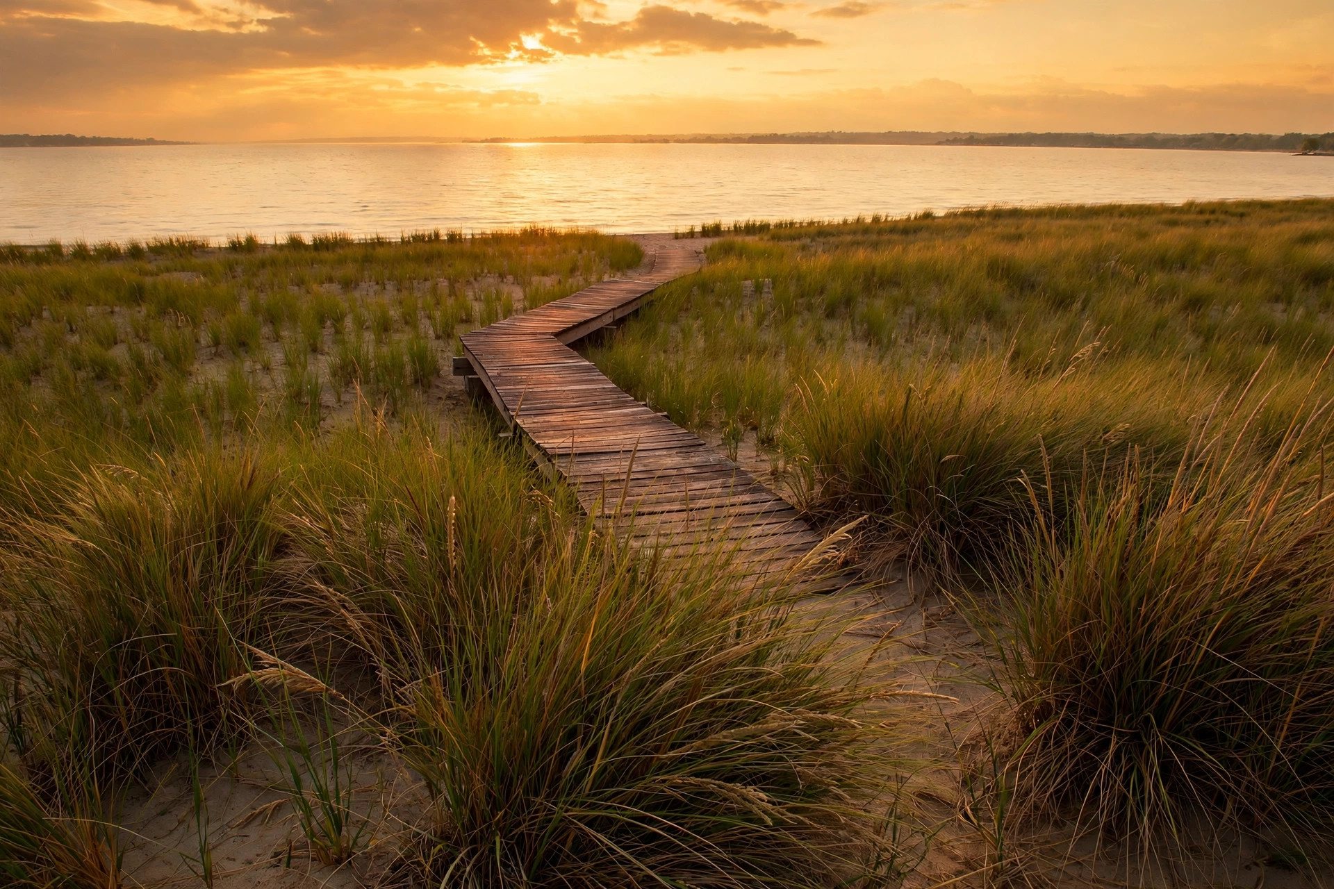 Beach grass and a boardwalk path at sunset on Lake Michigan