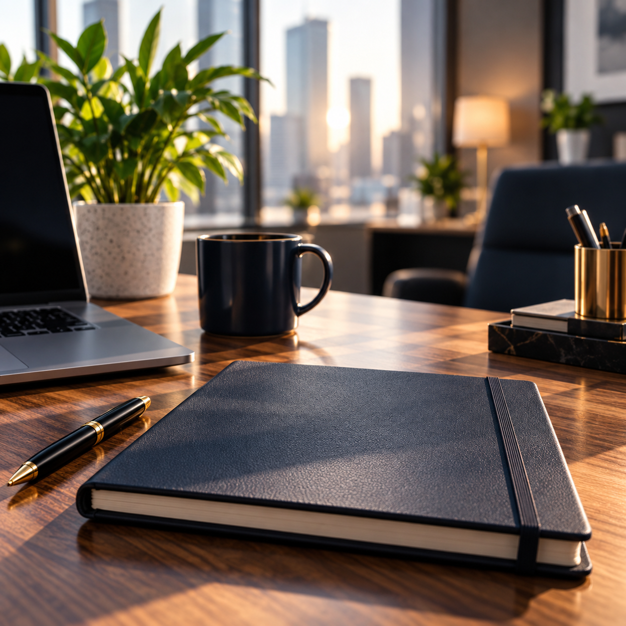 Desk with notebook labeled People, Policies, Progress