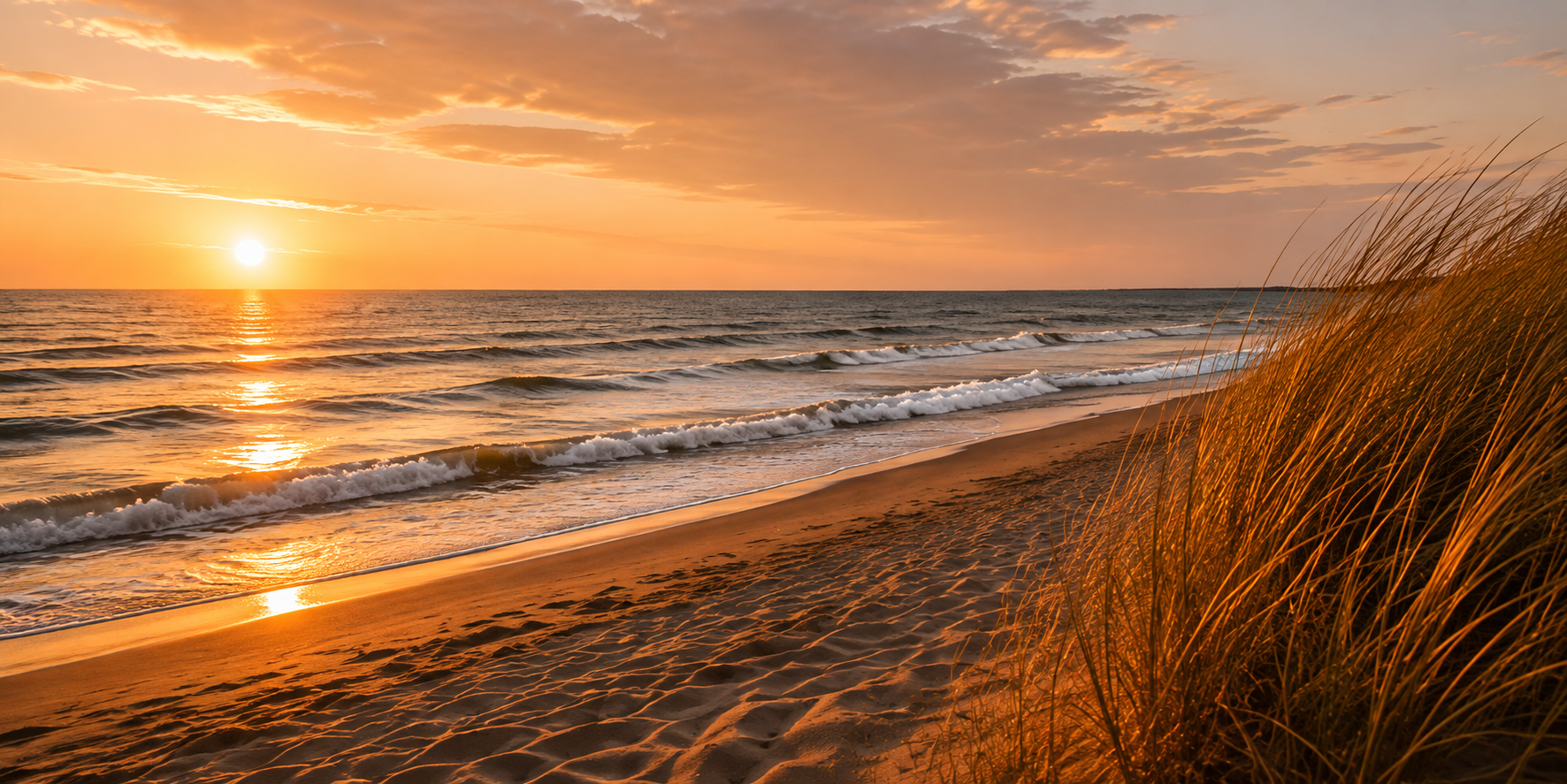 Lake Michigan shoreline at sunset